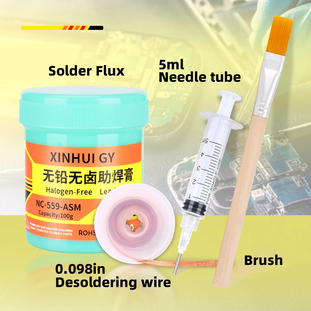 NC-559-ASM lead-free solder paste 4-piece set, tin suction wire brush, syringe, solder flux, flux, no wash solder oil