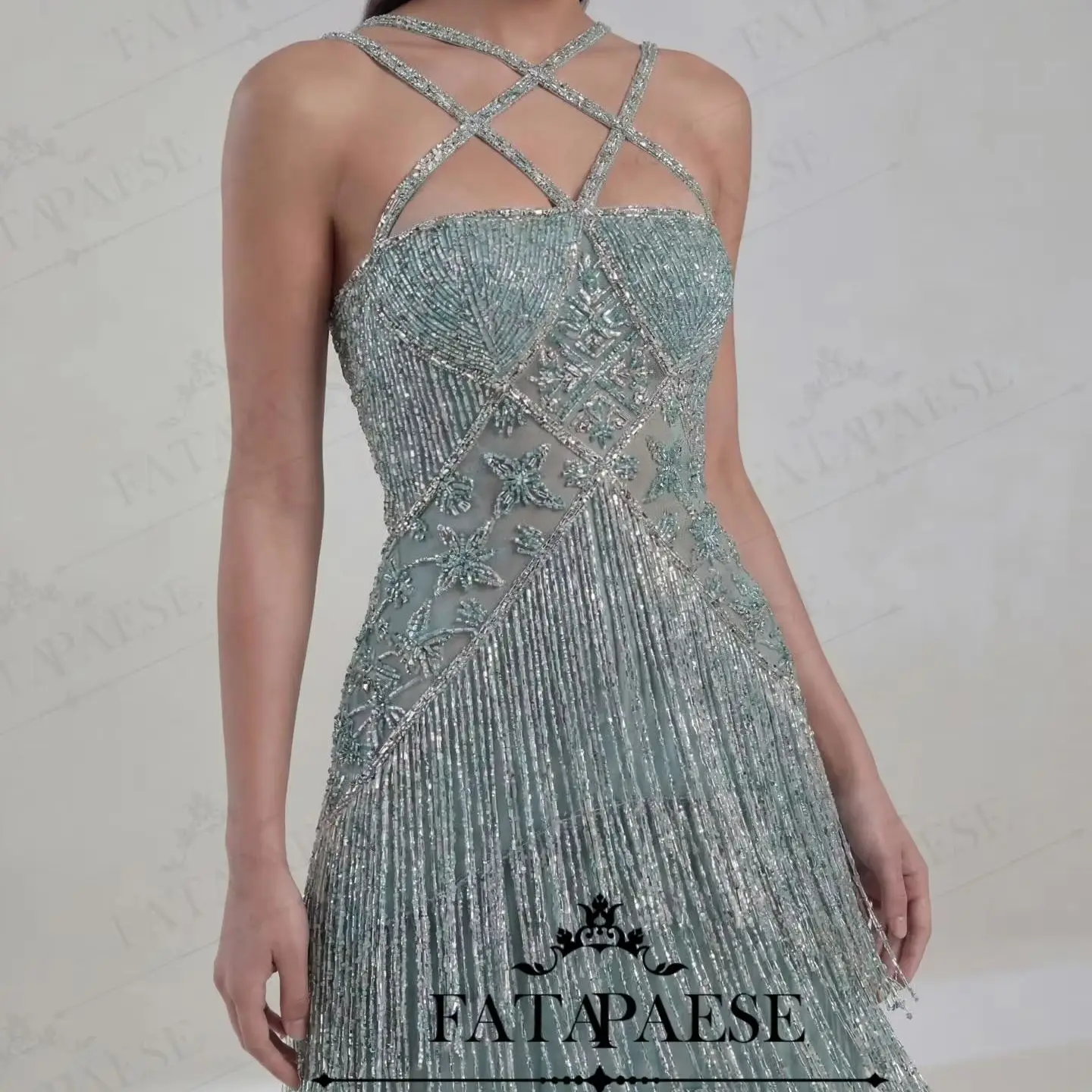 FATAPAESE Evening Dresses Customize Column Halter Floor-Length Tassel Women'S Formal Evening Gowns Zipper Up Sleeveless Dresses