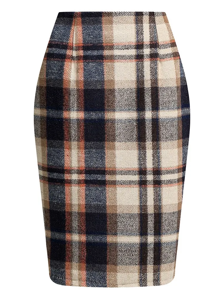 Autumn Winter Plaid Wool Knee-length Skirt For Women Woolen Checked Vintage Office Ladies High Waist Pencil Bodycon Skirt