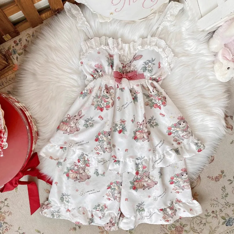 Kawaii Cute Lolita Style Strap Pajamas Women Sweet Ruffles Bow Bunny Flower Print Nightgowns Mini Dresses Girls Y2k Sleepshirts