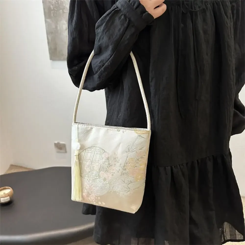 

New Chinese Style Bags Sweet Printed Embroidery Shoulder Bag Handbag Floral Hanfu Bucket Bag Large Capacity Trendy Tote Bag Girl