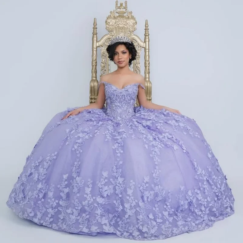 

Lavender Quinceanera Dress Crystal Glitter Butterfly Decal Decal off-shoulder Long tail Vestidos De 15 Quinceanera ﻿Customize