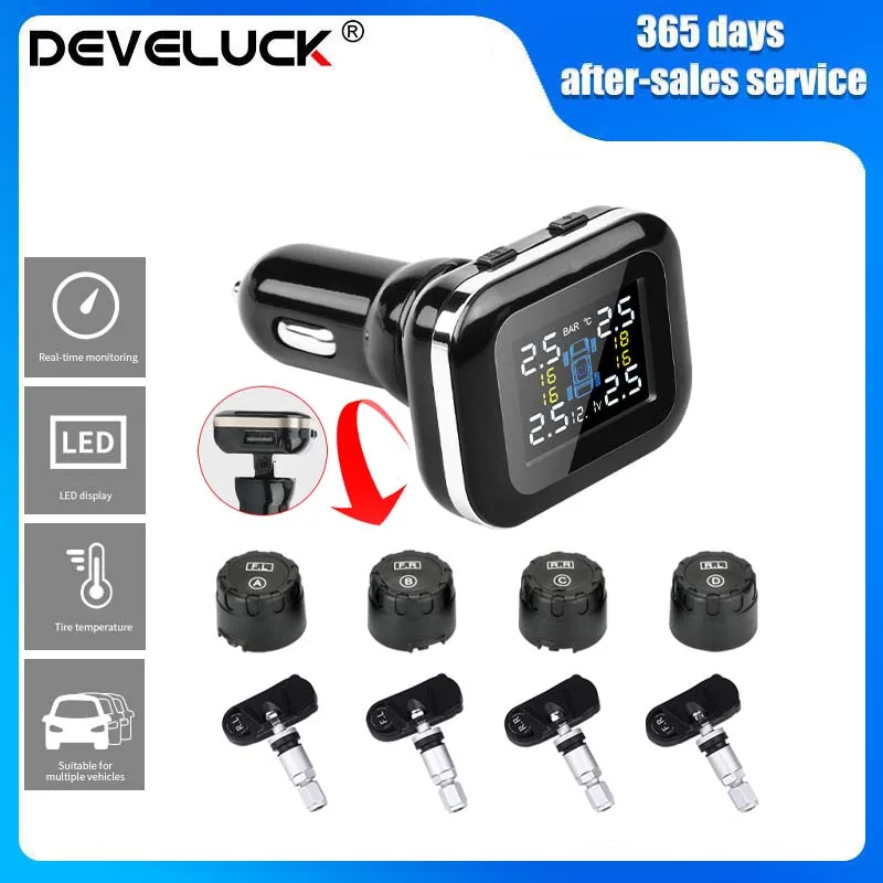 

Adjustable Display Angle Smart Car TPMS Cigarette Lighter Tire Pressure Monitoring System With USB Plug&IP68 Waterproof Sensors