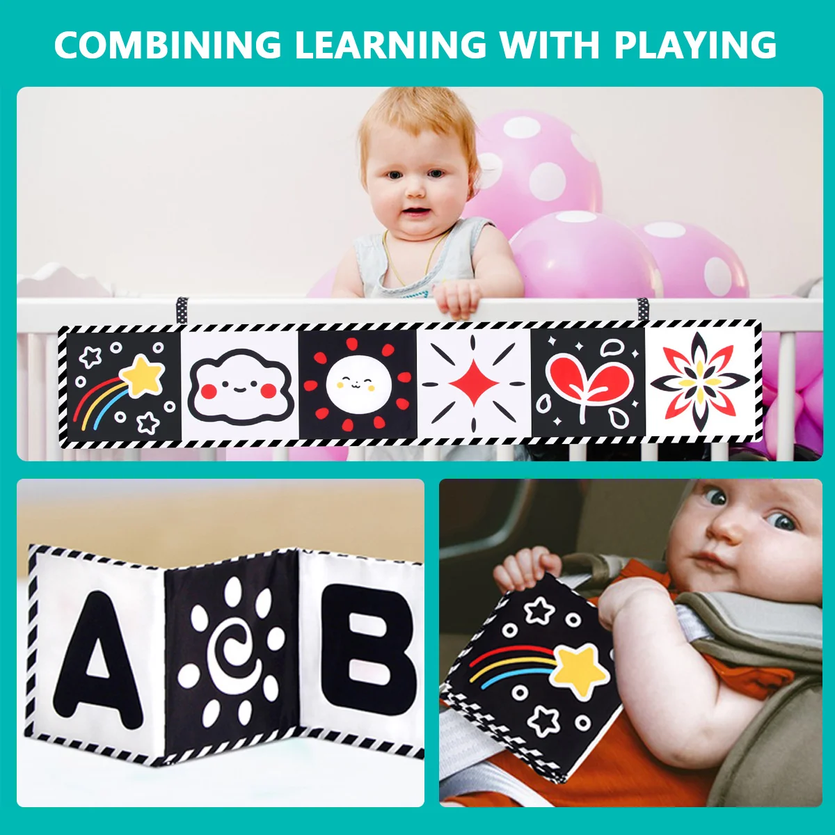 Livre pour bébé noir et blanc à contraste élevé, jouet sensoriel froissé au toucher et au toucher, jouets interactifs de Stimulation visuelle pour nourrissons