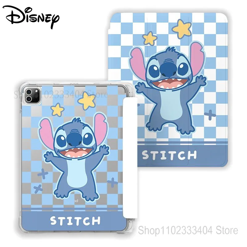 Disney Stitch Tablet Case for iPad Air 1 2 3 Mini 4 5 6 iPad Pro 2022 12.9inch Cute Three-fold Pen Slot Airbag Protective Cover