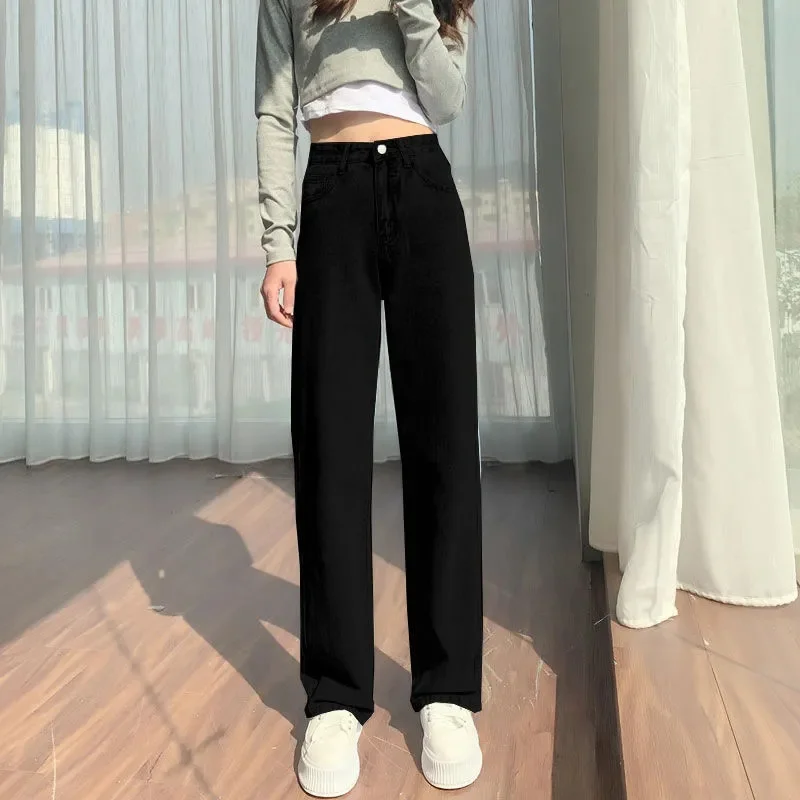 Jeans Lurus Warna Solid Fashion Wanita 2025 Celana Panjang Koboi Pinggang Tinggi Wanita Retro Celana Denim Kaki Lebar Wanita Musim Semi Musim Gugur