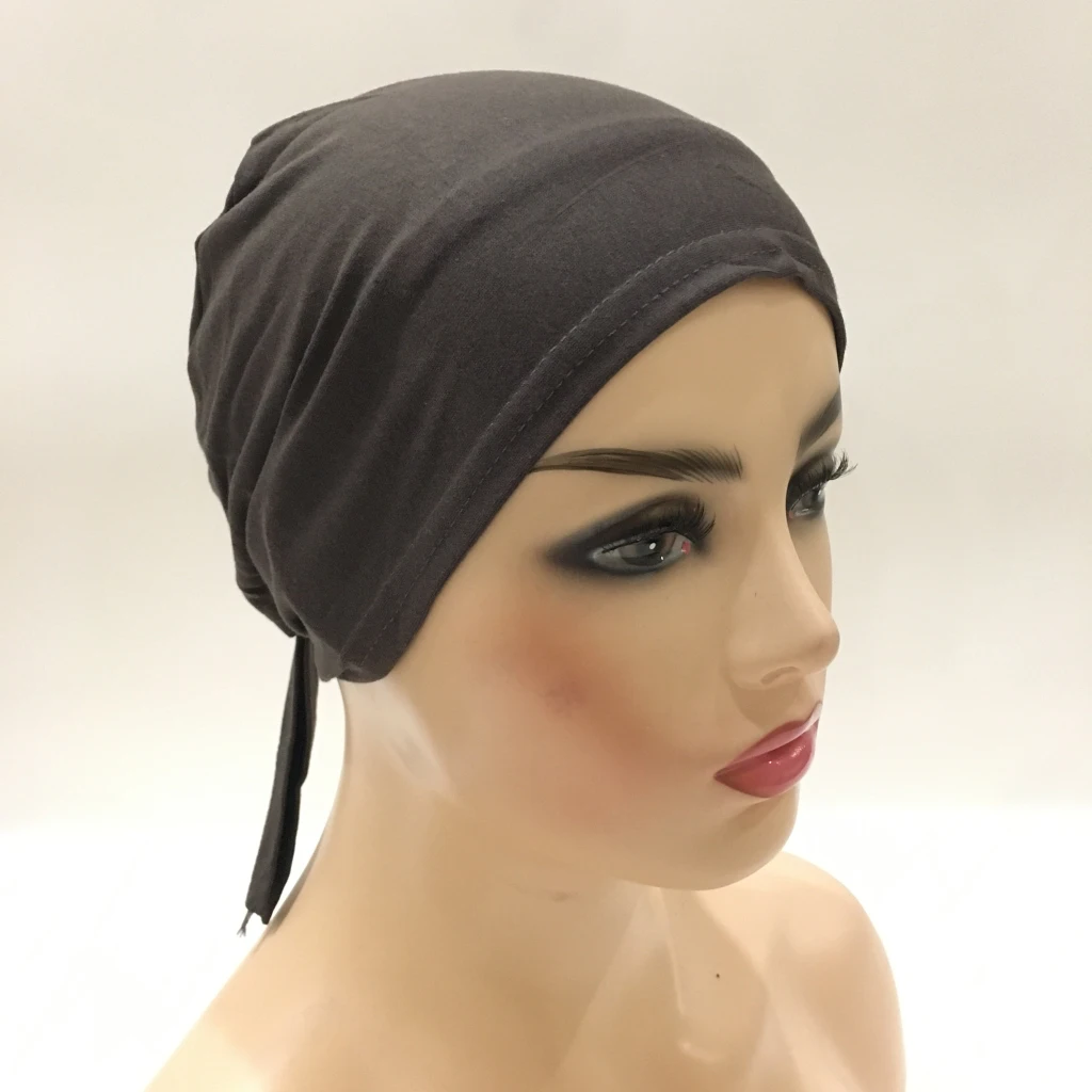 H048 Plain Cotton Tie Back Hats Muslim Turban Pure Color Stretch Inner Hijabs Underscarf Women Head Scarf Under Hijab Bonnet
