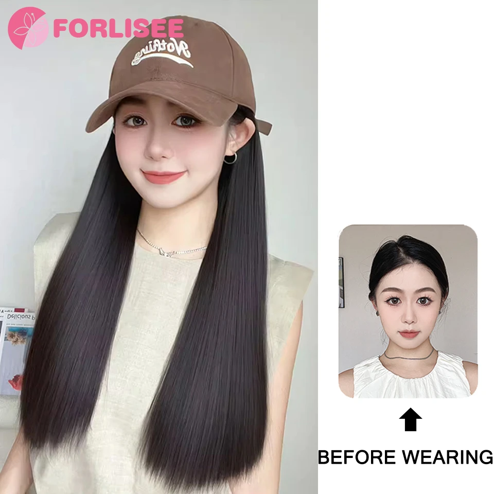 Forlisee 18 Polegada longa reta peruca sintética boné de beisebol extensões de cabelo chapéu perucas legal marrom ajustável peruca para mulher