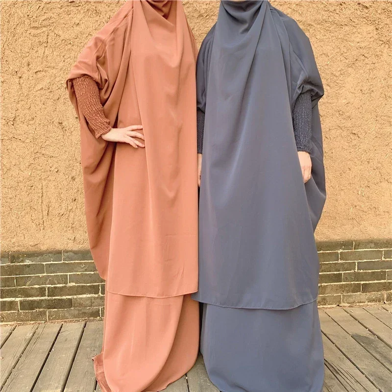 Jilbab 2 Piece Set Suit Women Muslim Prayer Garment Plain Nida Hooded Abaya Khimar Hijab Long Skirt Islam Dubai Turkey Saudia