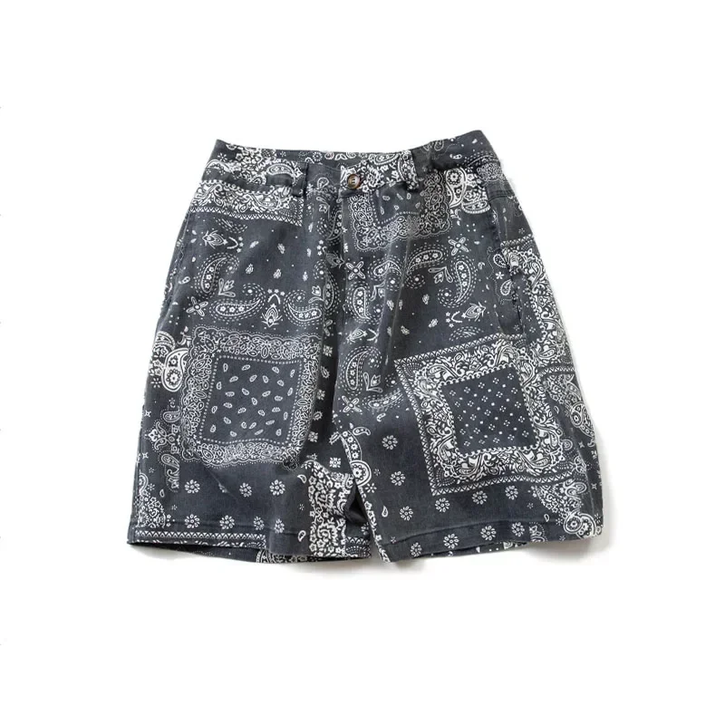 Summer Japanese Men's Water Washed Carbon Gray Cashew Flower Loose Casual Five Piece Pants Beach Shorts Trend