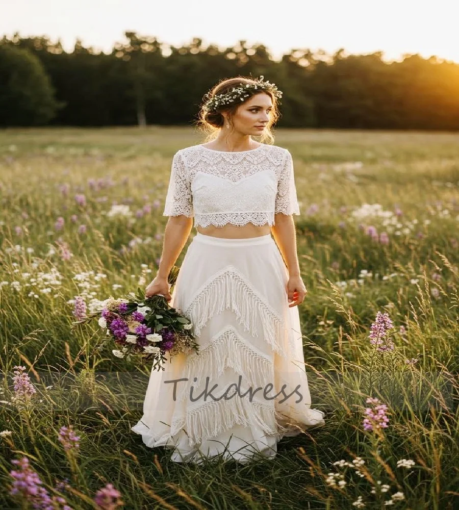 1920s Gatsby Two Piece Boho Wedding Dress Crop Top Lace Elopement Fringe Bohemian Bridal Dress 2026 Elopement Beach Bride Dress