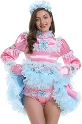 New Best-Selling French Sissy Pink Satin Blue Lace Patchwork Long Sleeved Collar Fluffy Skirt Hem With Underwear Dress