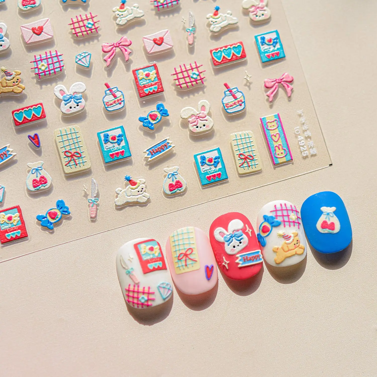 1pc 5D reliëf graffiti nail art stickers konijn hond beer boog nagelstickers cartoon thema zelfklevende stickers voor doe-het-zelf manicure *