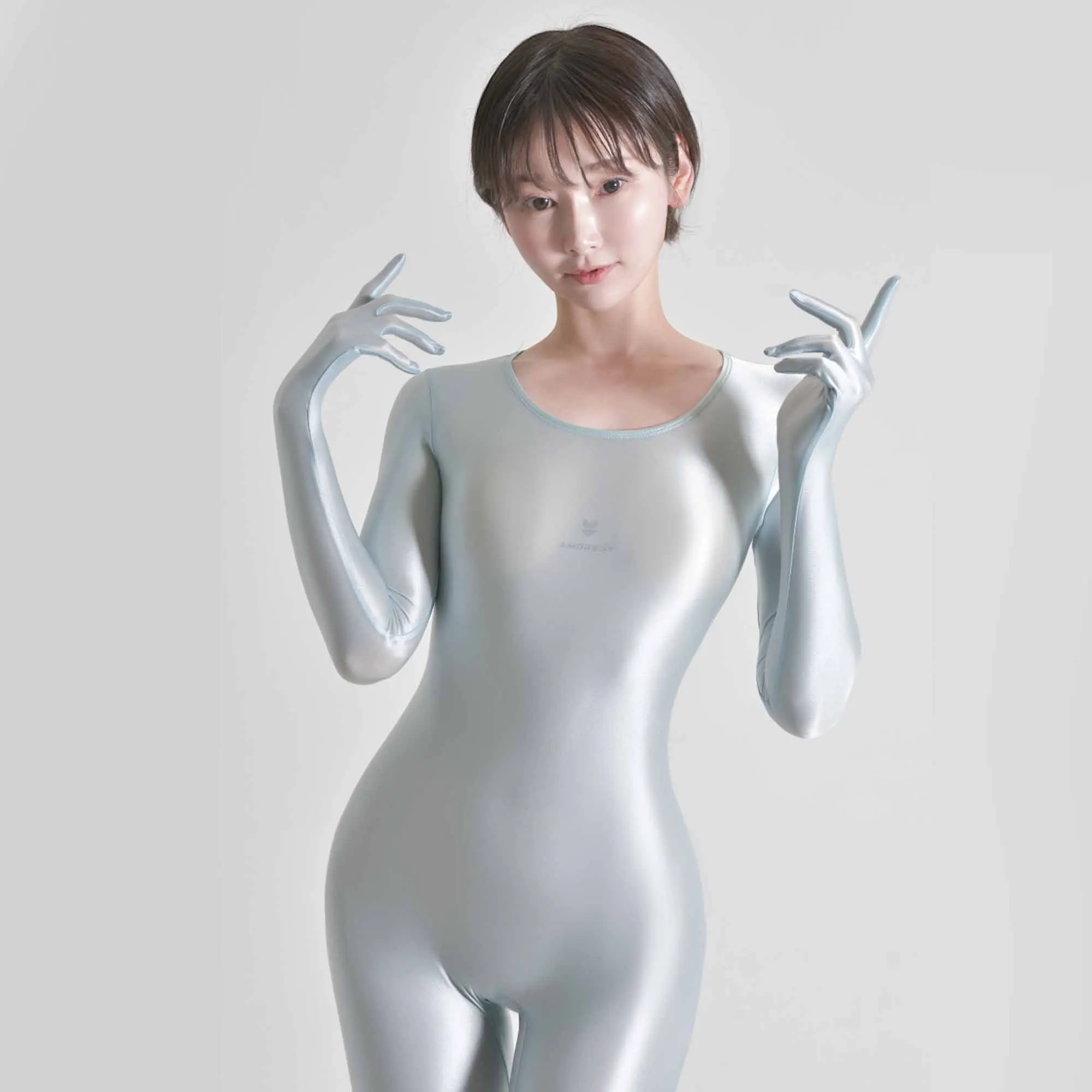 AMORESY thin glossy thigts oil smooth colorful full body jumpsuit Solid color round neck with gloves long sleeves tights
