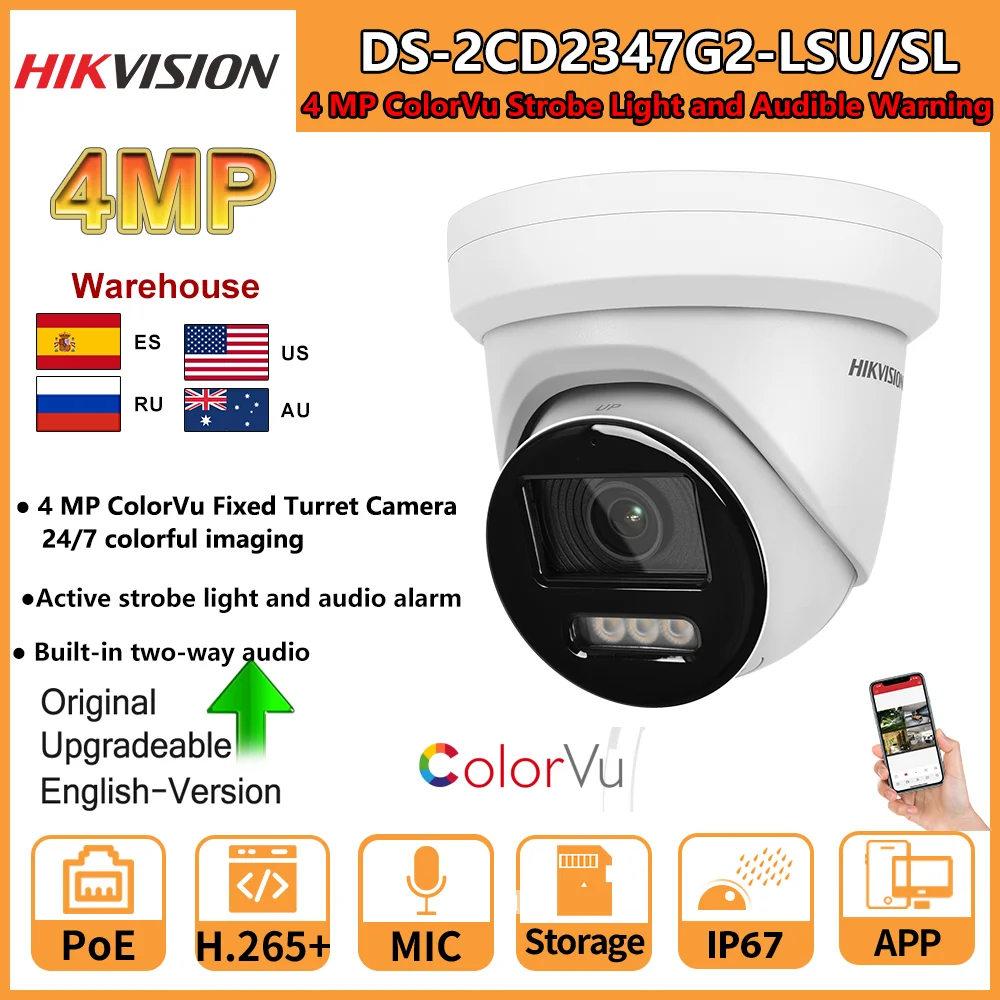 

IP-камера Hikvision DS-2CD2347G2-LSU/SL, 4 МП, Стробоскопическая, со встроенным микрофоном и функцией видеонаблюдения