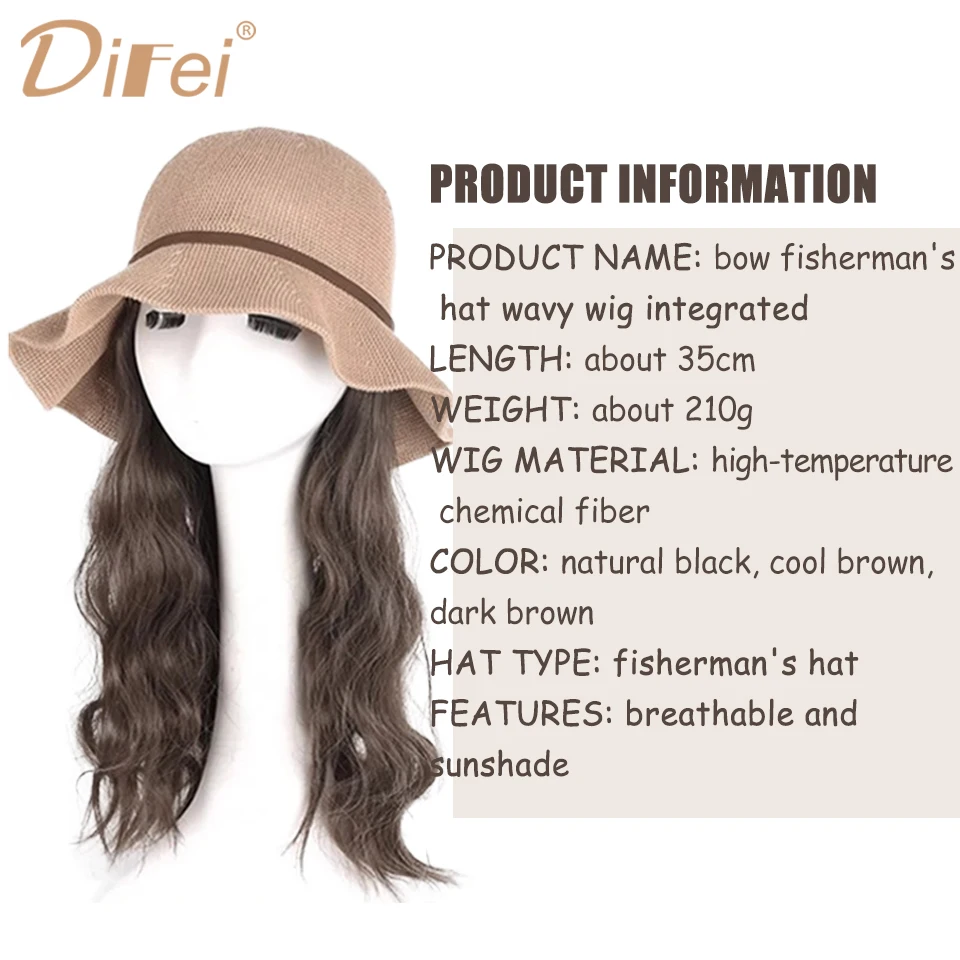 DIFEI Bow Fisherman Hat Synthetic Wig One-piece Fashion Sun Hat Wavy Long Curly Hair Natural Full Head