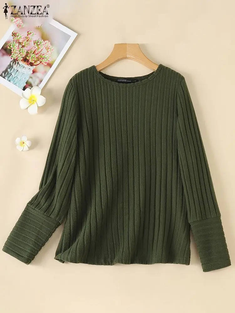 ZANZEA Ribbed Knitted Women T-shirts Casual O Neck Solid Color Fashion Blouses Long Sleeve Fall 2024 Streetwear Pullovers Tops