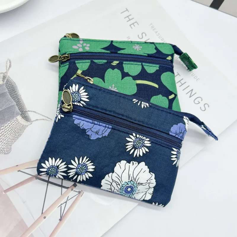 Retro Country Floral Printed Canvas Coin Purse Double Zipper Portable Small Change Pouch Mini Card Wallet For Ladies Daily Use