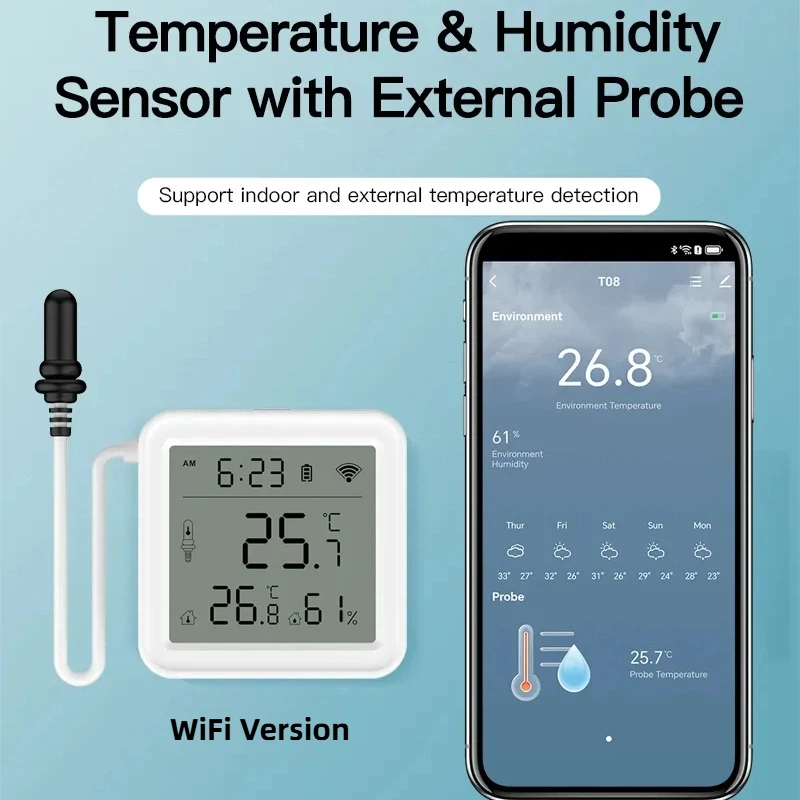 

Датчик температуры/влажности Tuya Wi-Fi с внешним зондом, гигрометр для растений, аквариума, винодерии, ЖК-экран, удаленный мониторинг через приложение