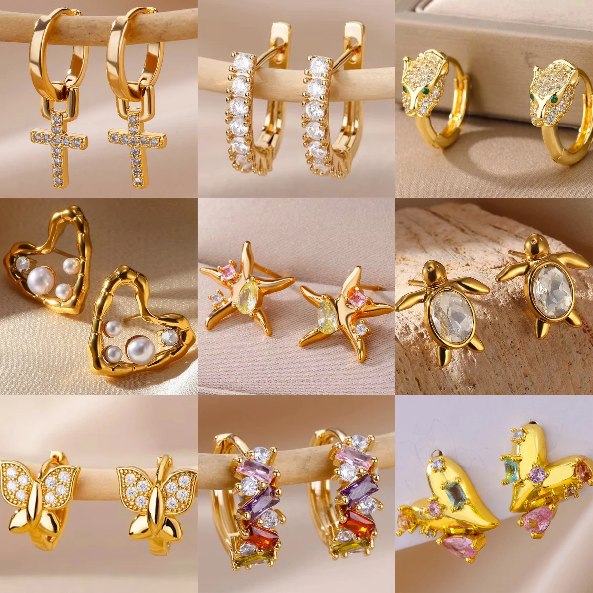Luxury Chuny Geometry Butterful Stud Earrings for Women Love Colorful Zircon Gold Plated Drop Earrings Stainless Steel Jewelry