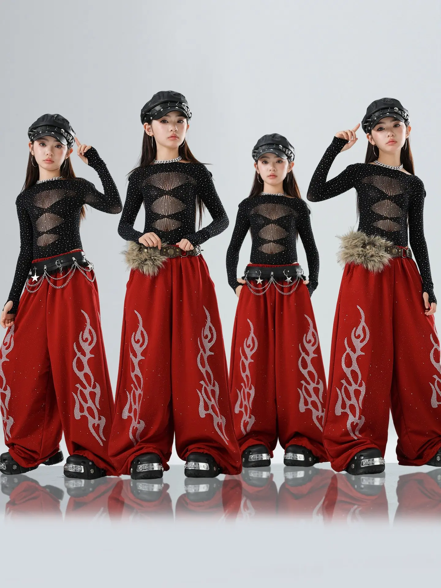 Girls Jazz Costumes Kpop Style Diamond Bodysuit Long Sleeves Kids Red Pants Hip Hop Dance Performance Clothes Group Suit BL20192