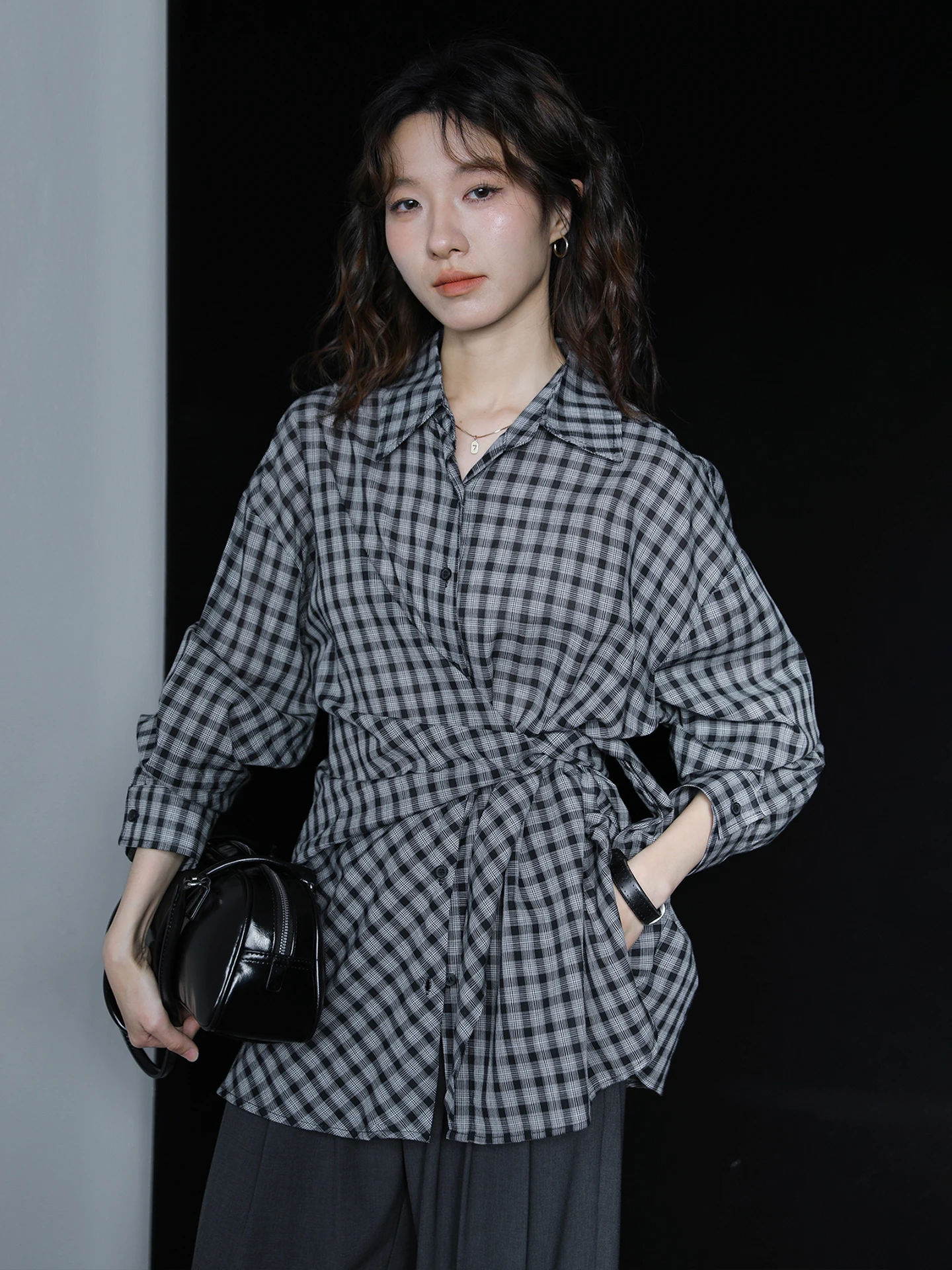 

Ретро-рубашка женская в корейском стиле, синяя в клетку, с длинным рукавом, с эффектом утяжки талии, для повседневной носки, на пуговицах, из дышащего хлопка