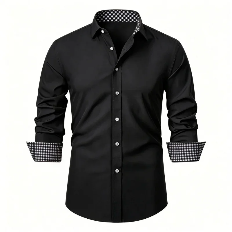Men's Black Long Sleevd Lapel Shirt with Black and White Checkered Contrasting Splicing Shirt, Slim Fit Business Casual Top