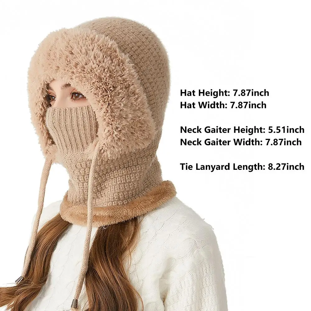 Face Covering Siamese Cap Kit Wind-Resistant Slouchy Balaclava Ski Hat Hooded Fleece Lined Winter Knitted Hat for Cold Weather