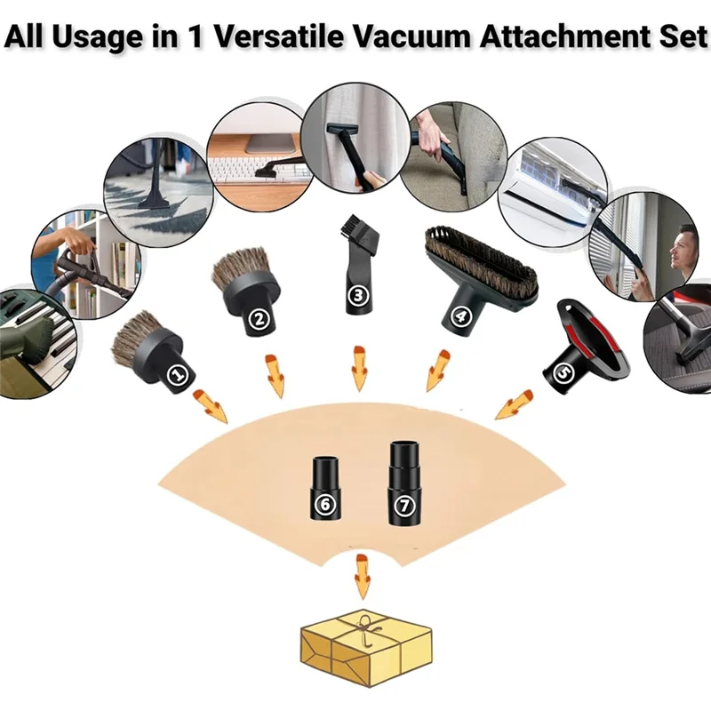 A94E-7Pcs Accesorio y adaptador de cepillo de vacío, cepillo redondo de crin de caballo suave de 1,25 pulgadas, cepillo de suelo al vacío, herramienta de tapicería fácil de usar