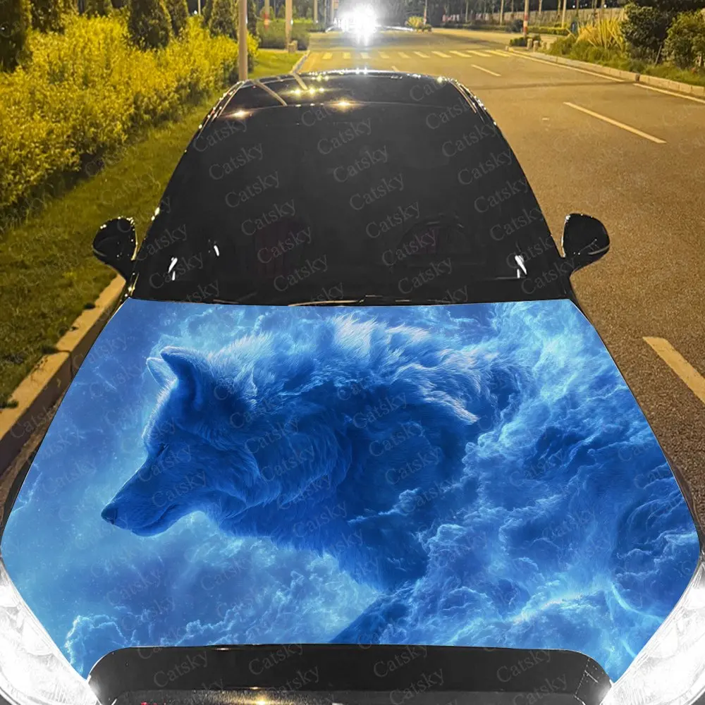 Car Decal Atmospheric Artistic Design with Wolf Amidst Blue-Hued Textural Elements Car Hood Sticker, Waterproof Self - Adhesive
