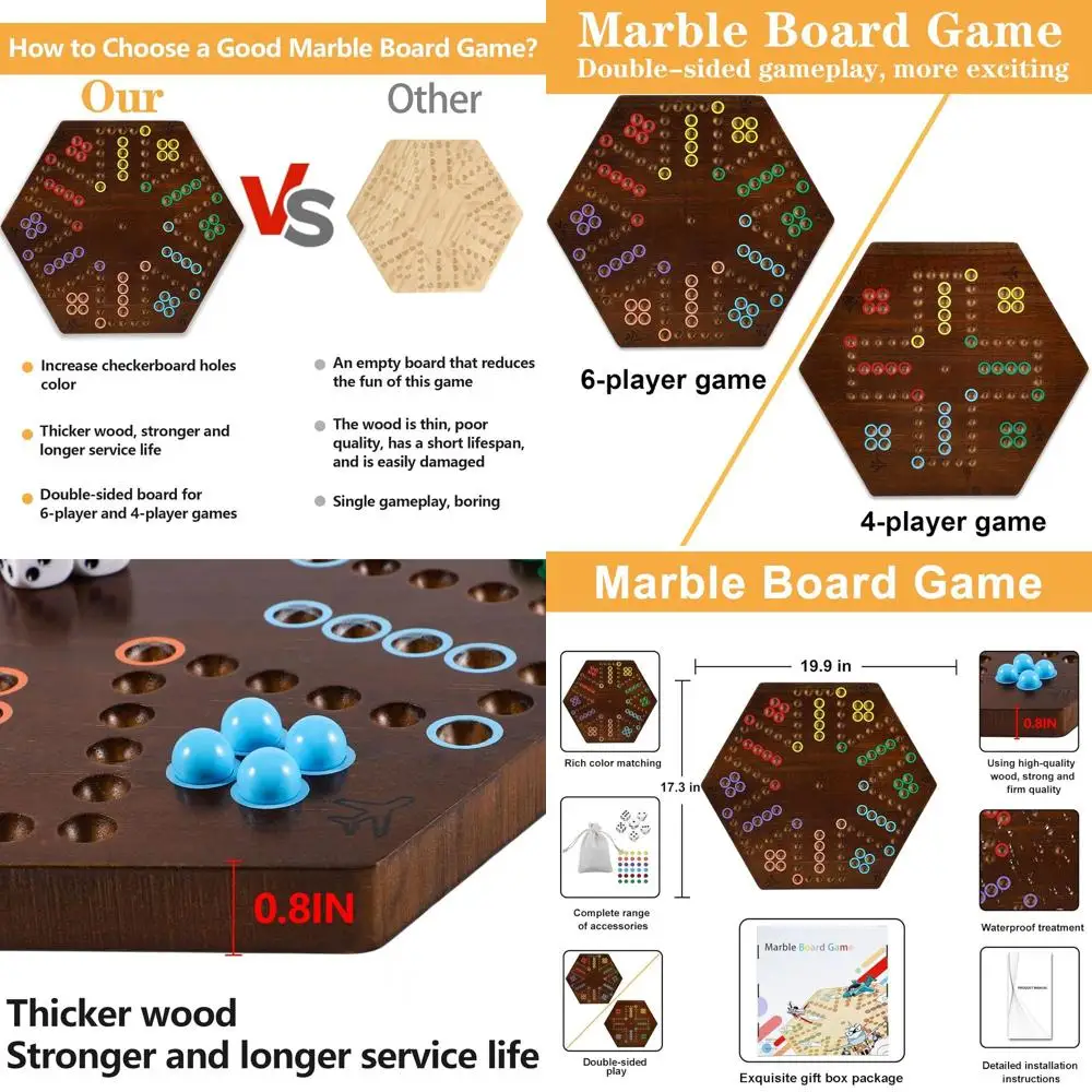 

Wahoo Marble Game for 4-6 Players: 20 Dual-Sided Wooden Board with Fire-Themed Dice & Marbles