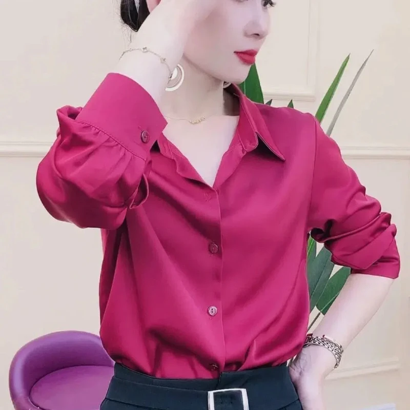 Korean Commute Spring Autumn New Satin Blouses Women\'s Polo Neck Solid Button Loose Ruched Long Sleeve Casual All-match Shirts