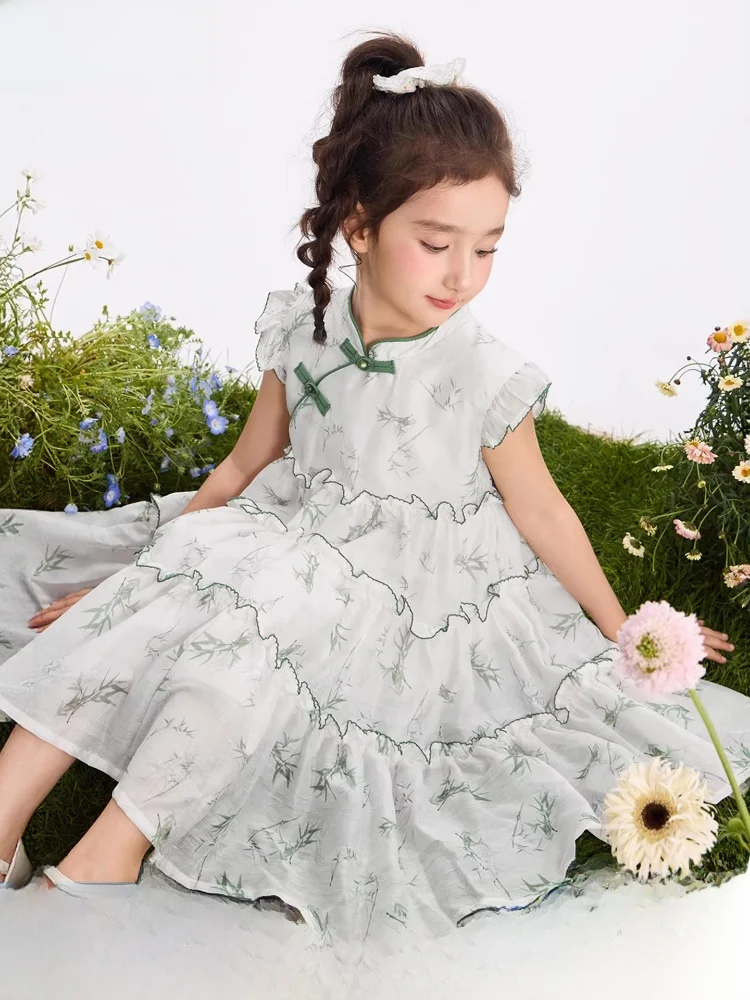 princess-style-printed-skirt-for-girls-lightweight-summer-dress-with-lace-hemline-floaty-casual-high-waist-children's-clothing