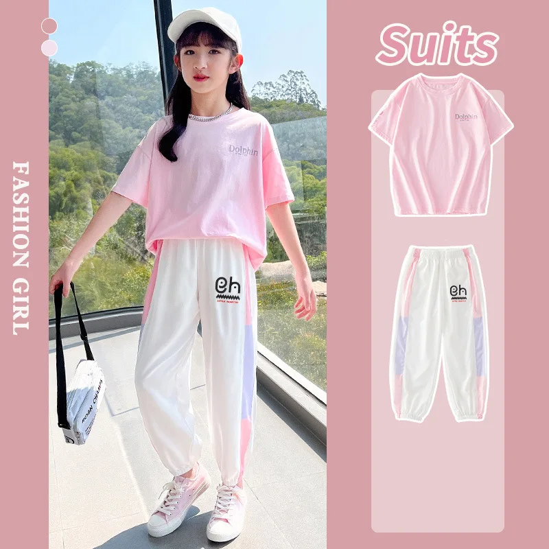 

Summer Casual Girls Cotton Alphabet t-Shirt Tops+Contrast Pant School Kids 2PCS Tracksuit Child Jogger Outfit Workout Set 5-16Yr