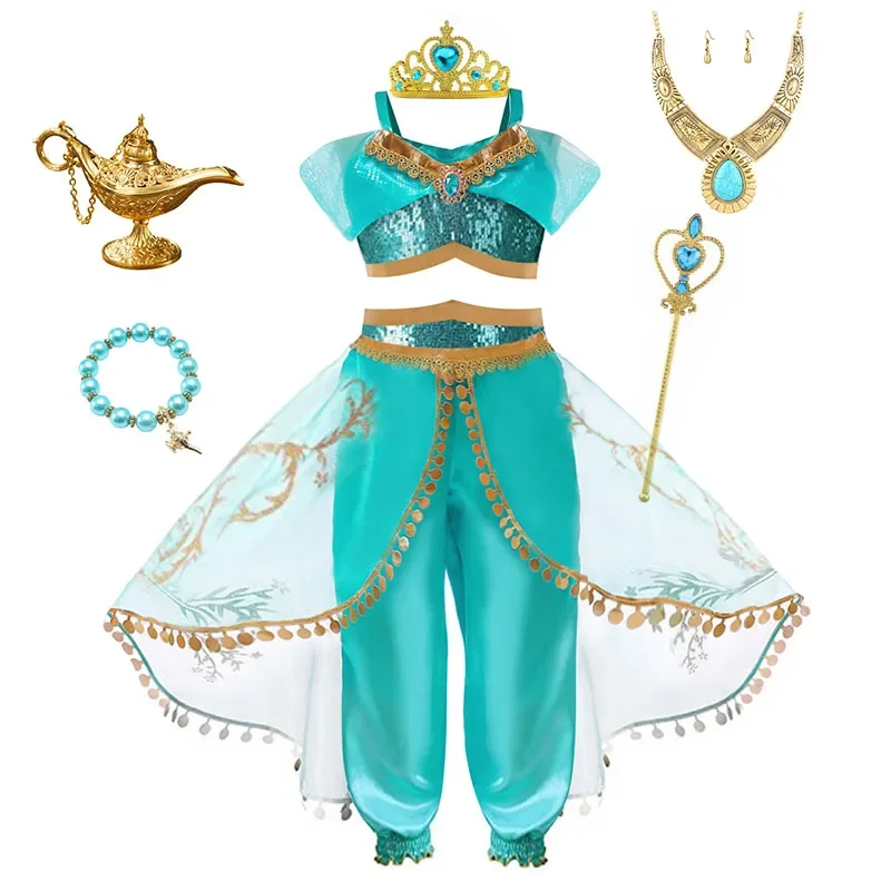 Jasmine Princess Dress for Girls Cosplay Aladdin Magic Lamp Costume Outfit Girls Halloween Kids Carnival Dance Vestidos