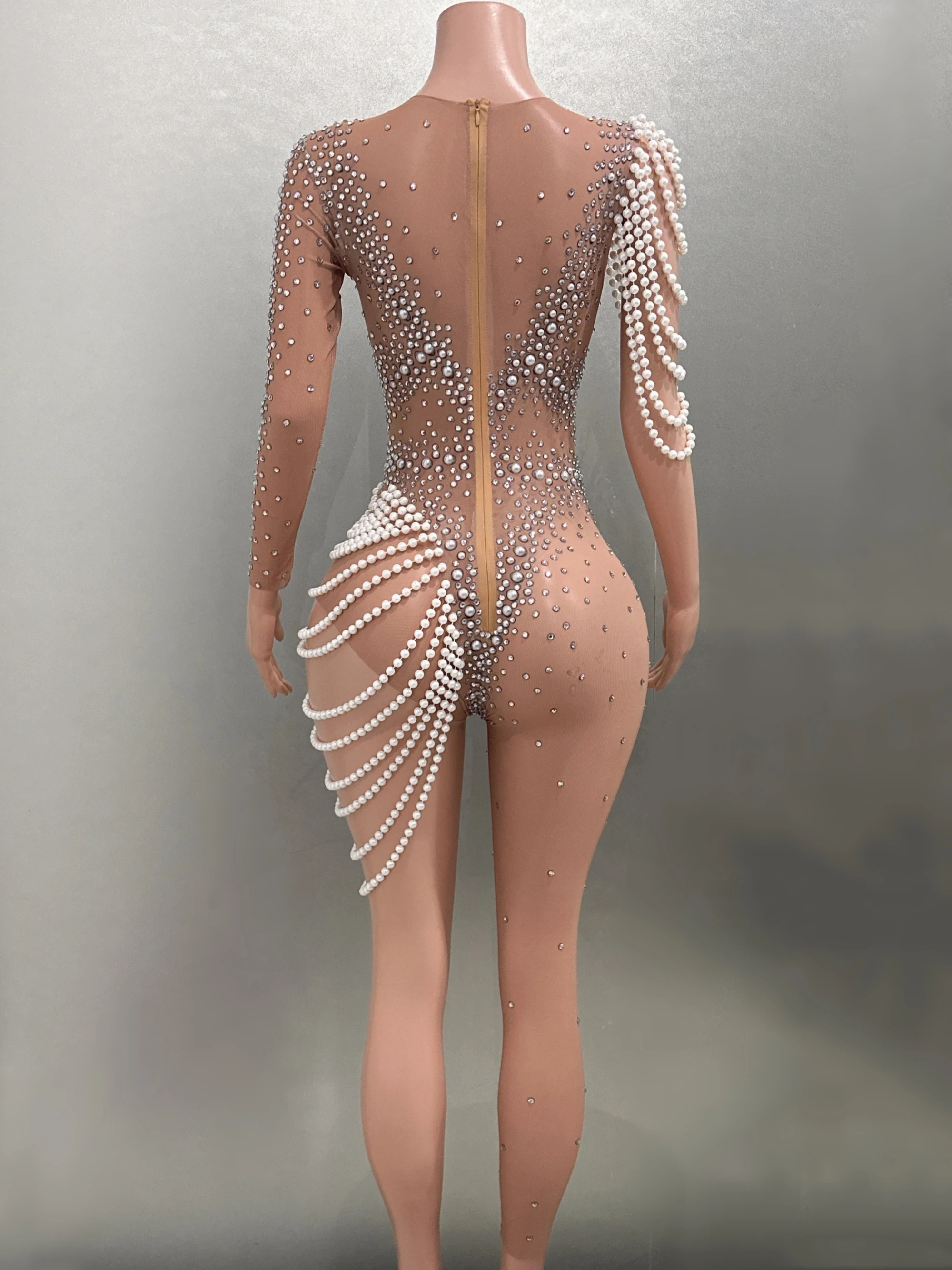 New Arrival One Shoulder Beading Mesh Jumpsuit Sexy Rhinestone Dancer Singer Stage Wear Performance Party Costumes Jumpsuits