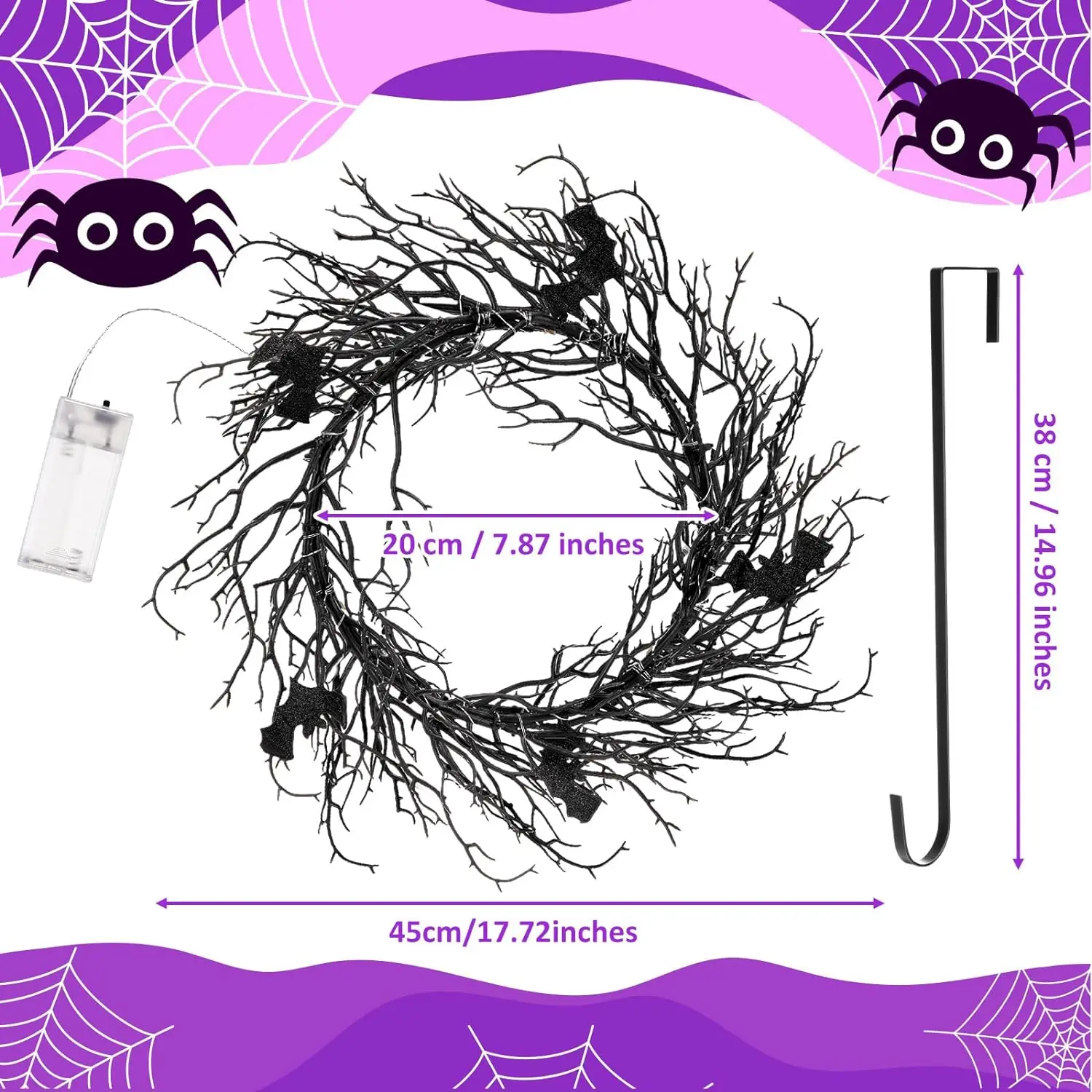 LEDライト付きバットスパイダーブラックブランチリース、ウィンドウフラワーガーランド用リース、ハロウィーン装飾用リース、赤と紫