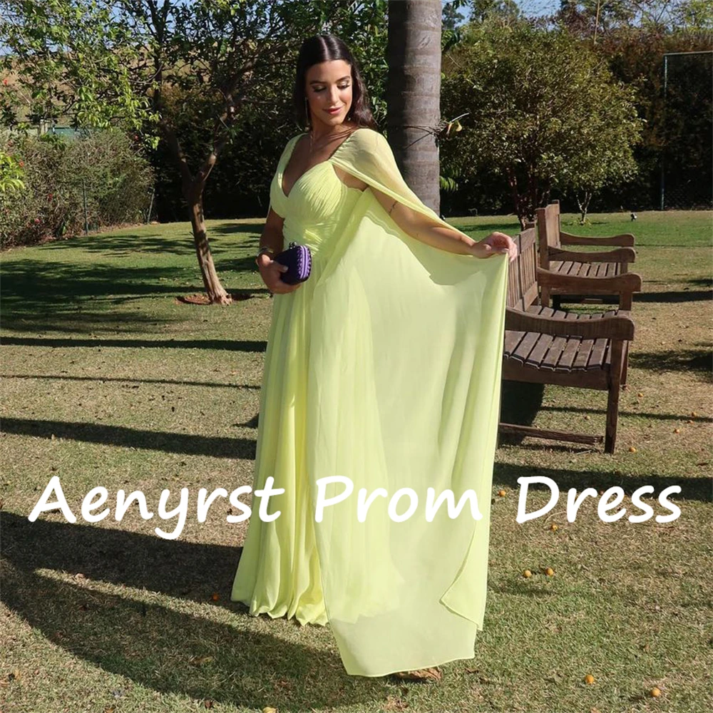 Aenyrst amarillo mangas largas con cuello en V vestidos de cóctel gasa plisada una línea vestidos de fiesta hasta el suelo vestido de fiesta personalizado