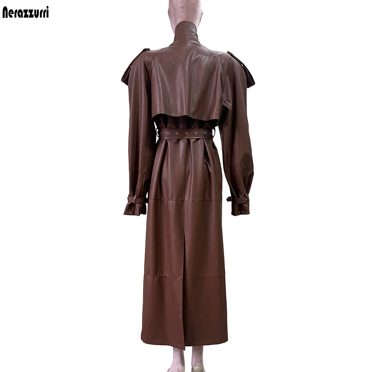 Nerazzurri Autumn Oversized Extra Long Purple Pu Leather Trench Coat for Women Shoulder Pads Luxury Designer Clothes Overcoat