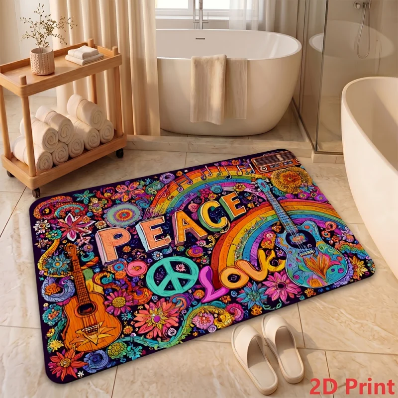 VIKAMA Retro Hippie Peace Love Doormat Washable Anti Slip Floor Rug For Kitchen Bathroom Living Room Boho Indoor Home Decor