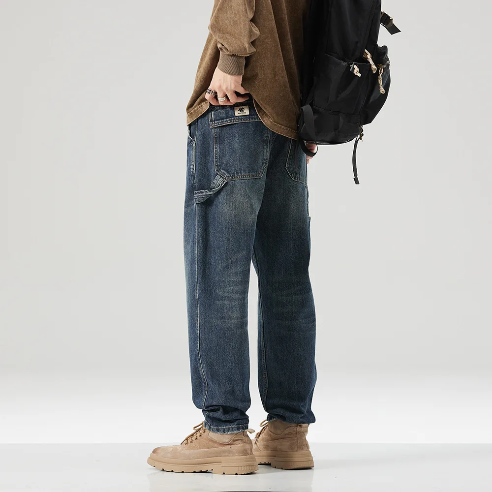 High quality long cargo jeans for men big size multi pocket stone wash cotton denim vintage trousers new 2024 clothing - blue