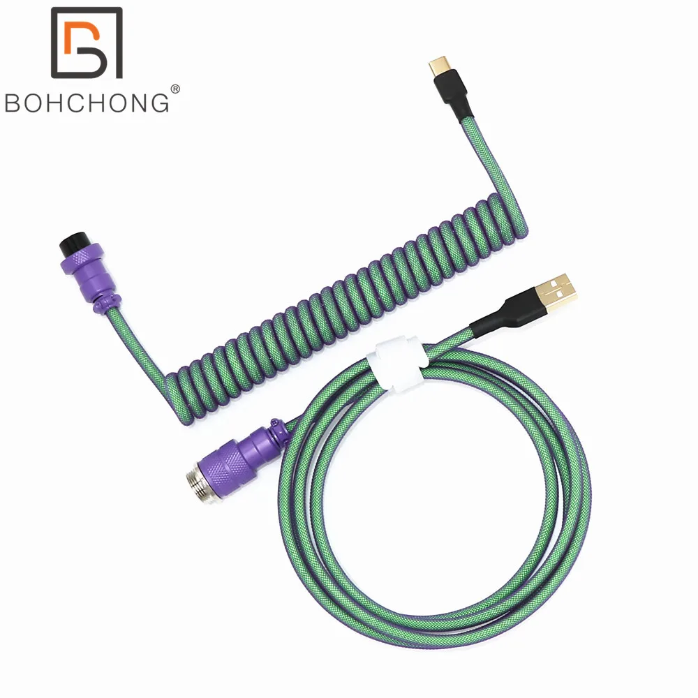 Custom Purple Aviator Double Layer USB to Type C Mini Micro Coiled Cable for Mechanical Keyboard Spiral Colorful Matt GX16 Plug