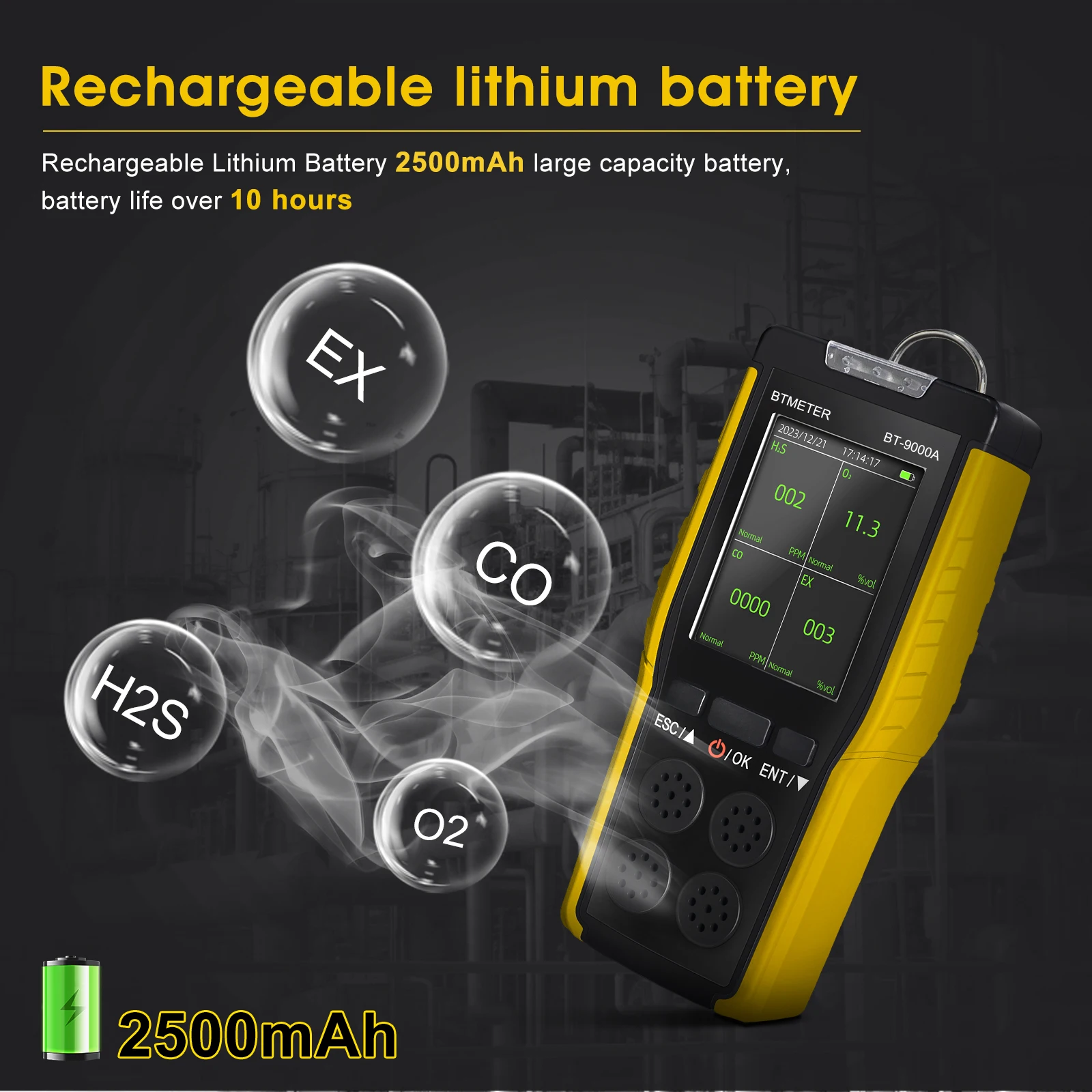 Portable Multi-Gas Detector, For Oxygen, Hydrogen Sulfide, Carbon Monoxide & Combustible Gases, Industrial Safety Equipment Tool