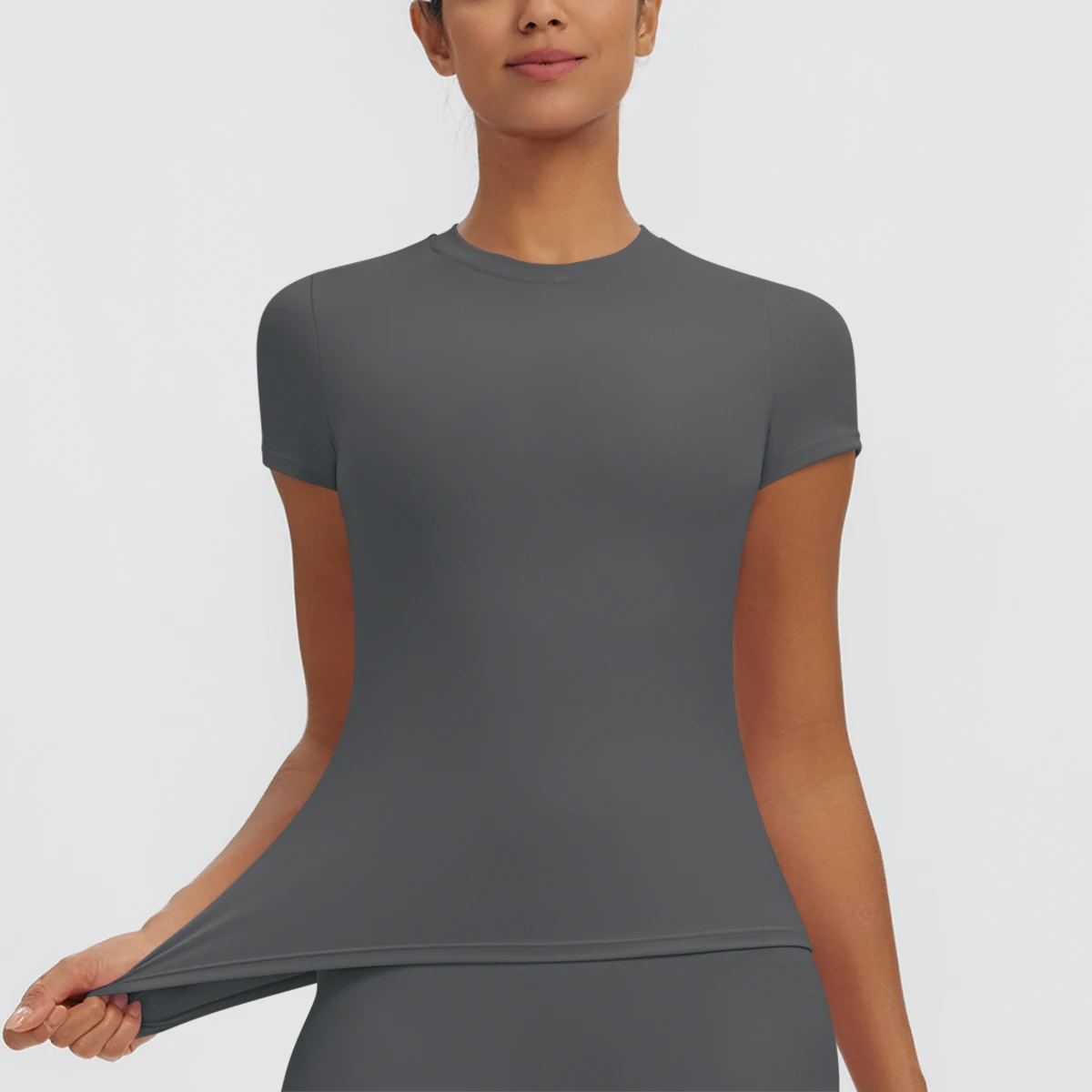 Hochelastisches, schnelltrocknendes, einfarbiges Yoga-Kurzarm-T-Shirt für Damen, Workout-Oberteil, schmal geschnittenes, lässiges Sport-, Lauf-, Fitness- und Yoga-T-Shirt. – Detail 35