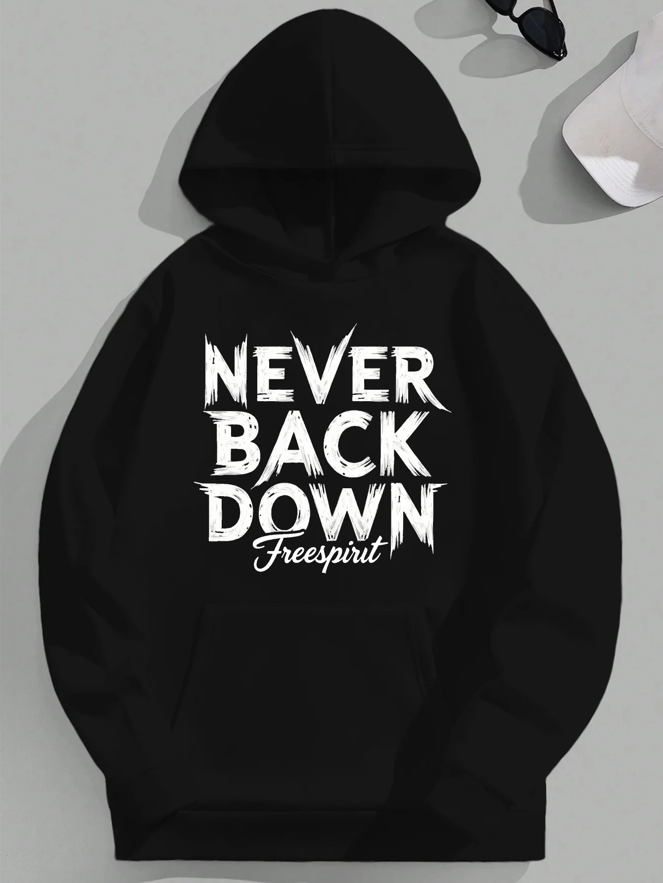 

"NEVER BACK UP" pattern hoodie - Casual pullover, white font, long sleeves, loose fit, everyday comfortable clothing