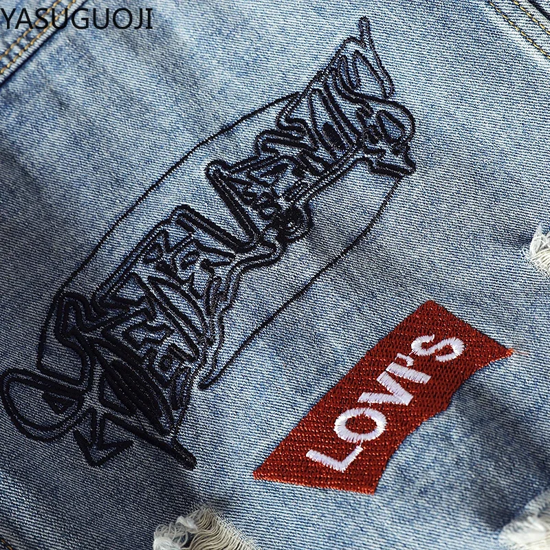 YASUGUOJI Streetwear moda męska Denim kurtki zepsute Patchwork dopasowane jeansy rurki płaszcz wiosna jesień Streetwear płaszcz dla mężczyzn