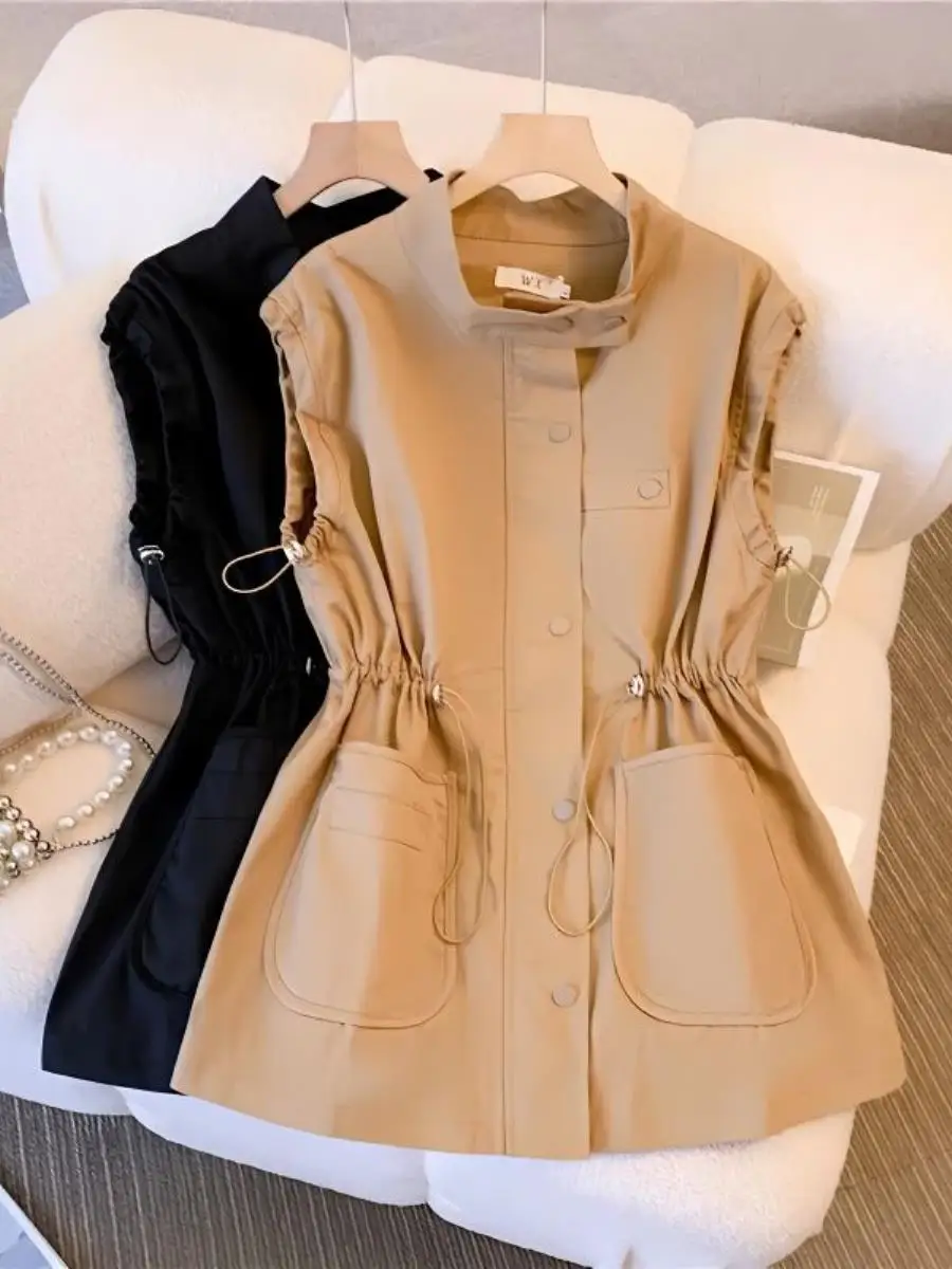 colete-casual-estilo-coreano-de-caimento-solto-com-bolsos-comprimento-medio-design-de-conjunto-de-tres-pecas-para-trabalho