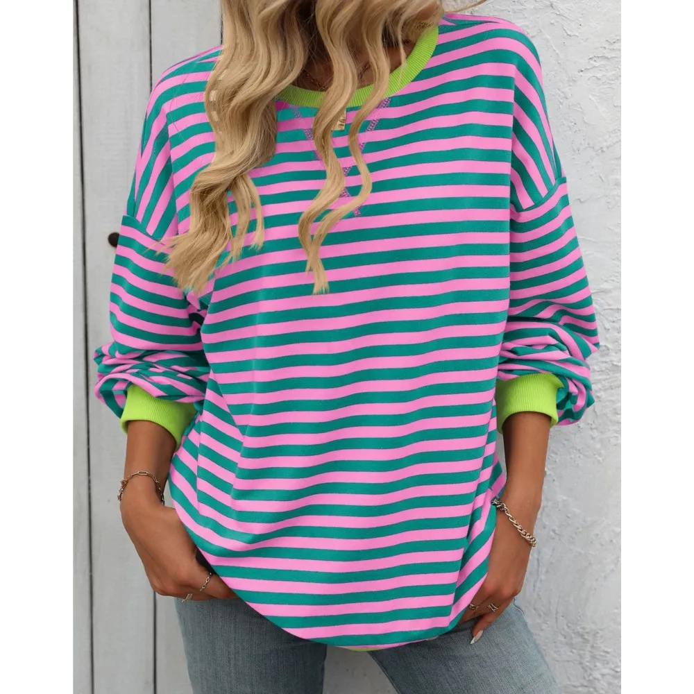 女性用ラウンドネックストライプカラースウェットシャツ,長袖セーター,ゆったりとしたスポーツウェア,カジュアルパーカー,秋冬のトップス,新しいコレクション2022