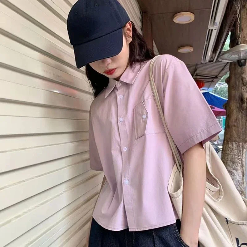 DAYIFUN Short Sleeve Shirts Women Solid Splicing Short White Blouses with Pocket 2024 Summer College Style Oversize Shirt Lady