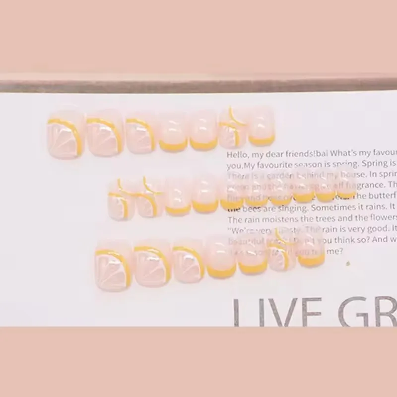 Press On Nails Short Squoval Fake Nails with French Tips False Nails with Lemons Salon Quality Summer Nails Press on